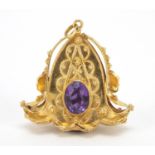 Large Italian 18ct gold amethyst pendant charm, 84 FI impressed marks, 5cm high, 15.2g : For Further