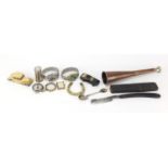 Objects including wrist compass, cut throat razor, wrist watches and copper hunting horn : For