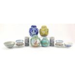 Chinese porcelain including four ginger jars with covers and a pair of cylindrical vases, the