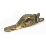 Victorian engraved brass letter clip in the form of a ducks head with beaded glass eyes, 15.5cm in