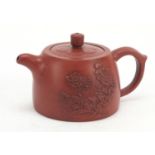 Chinese Yixing terracotta teapot decorated with flowers, character marks to the base, 8cm high : For