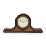 Inlaid mahogany Napoleon hat shaped mantle clock with enamel dial having Arabic numerals, 30.5cm