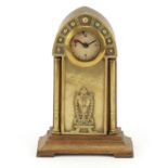 Oak and brass Secessionist mantle clock with columns and Arabic numerals, 23cm high : For Further