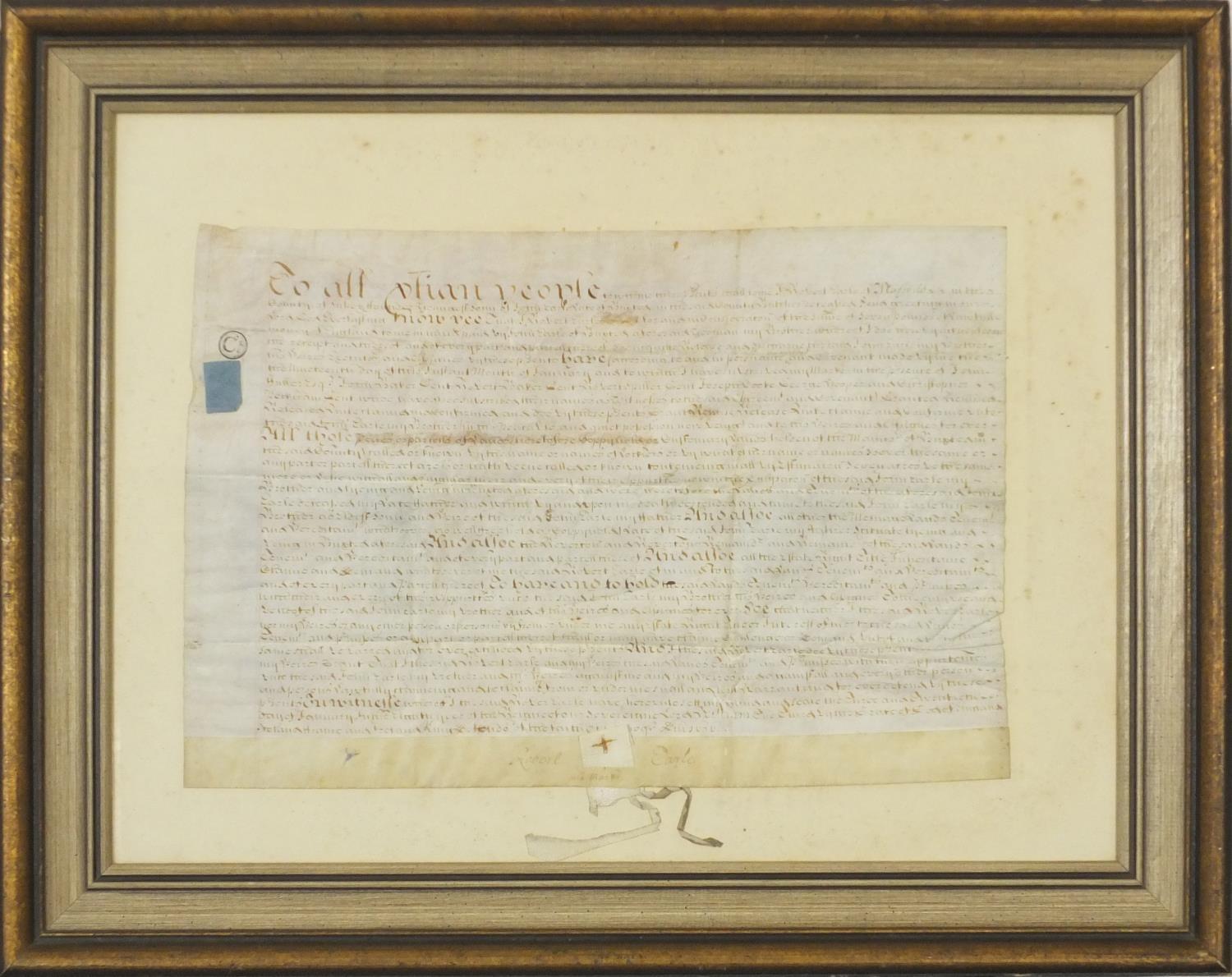 Antique vellum document inscribed Robert Earl, mounted, framed and glazed, 49cm x 34cm : For Further - Image 2 of 4