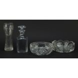 Glassware including a Baccarat decanter and two good quality cut glass bowls, the largest 25.5cm