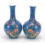 Pair of Chinese porcelain vases, hand painted with birds amongst flowers and calligraphy,