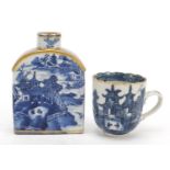 Chinese blue and white porcelain tea caddy and cup, each decorated with a landscape, the largest