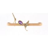 Art Nouveau 9ct gold amethyst and seed pearl brooch, 3.7cm in length, 2.5g : For Further Condition