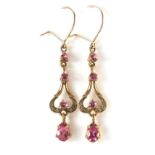 Pair of 9ct gold diamond and pink stone drop earrings, 4.3cm in length, 3.0g : For Further Condition