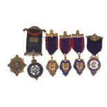 Six silver and enamel jewels comprising Royal Order of Buffalo, Order of Odd Fellows and Masonic,