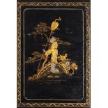 Chinese black lacquered panel, gilded with a figure before water, 63cm x 42.5cm : For Further