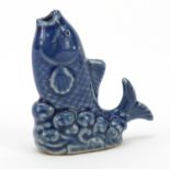Chinese blue glazed porcelain water dropper in the form of a fish, 7cm high : For Further