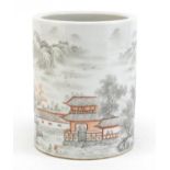Chinese grisaille porcelain brush pot, hand painted with a winter landscape, iron red character
