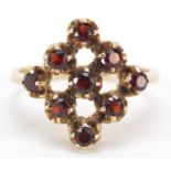 9ct gold garnet cluster ring, size R, 4.3g : For Further Condition Reports Please Visit Our Website,