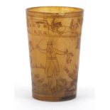 18th century horn beaker carved with a continuous hunting scene, 11cm high : For Further Condition