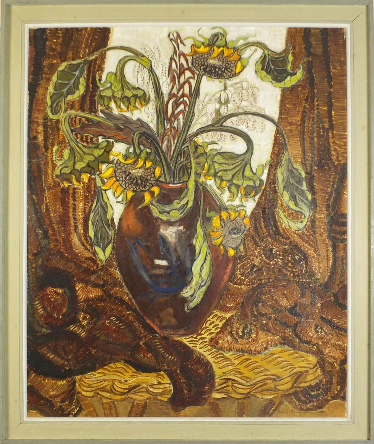 Helen Trevelyan 1960 - Sunflowers in large brown pot, gouache on board, inscribed verso, framed, - Image 2 of 5