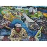 Manner of Gerard Dillon - Figure before water with moored boats, Irish school oil on board, framed