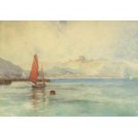W L Cameron - Coastal scene with boat before a town, mounted, framed and glazed, 37.5cm x 27cm : For