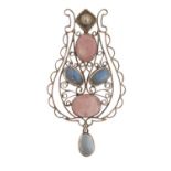 Unmarked silver moonstone and rose quartz pendant, 6.5cm in length, 10.6g : For Further Condition