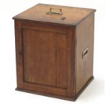 Victorian oak table chest with inset brass handles, the door opening to reveal an arrangement of