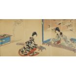 Ladies playing musical instruments with flying cranes, Japanese wood block triptych print,