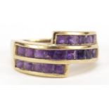 9ct gold three row amethyst half eternity ring, size N, 4.0g : For Further Condition Reports