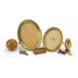 Antique and later objects including two Victorian gilt brass rope twist frames, brass owl with