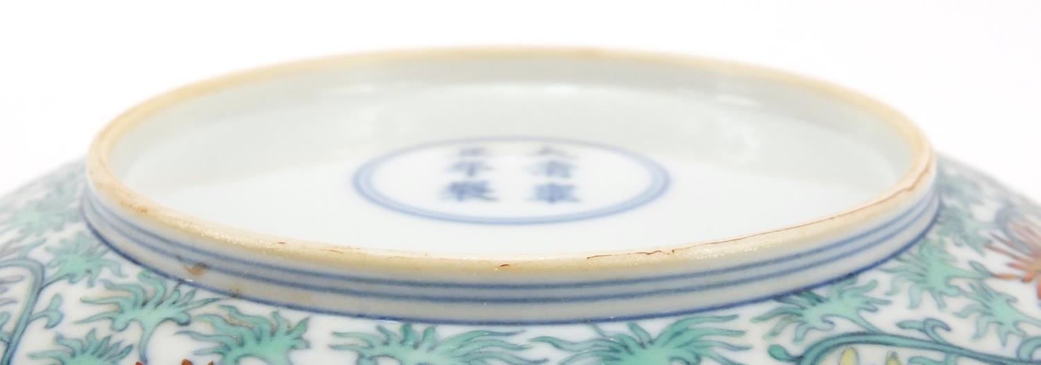 Chinese doucai porcelain dish, hand painted with flowers amongst scrolling foliage, six figure - Image 6 of 6