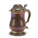 18th century copper tankard inset with a 1723 silver shilling, 20cm high : For Further Condition