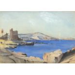 Frank Short - Mediterranean coastal scene, watercolour, details verso, mounted, framed and glazed,