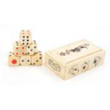 Rectangular carved bone container and six dice, the container 9cm wide : For Further Condition
