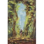 Figure walking through woodland, Australian school oil on canvas inscribed R Crooke verso, unframed,