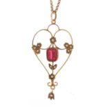 Edwardian 9ct gold pink stone and pearl pendant, 5.2cm in length, on a 9ct gold necklace, 40cm in