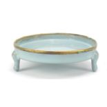 Chinese blue glazed porcelain tripod censer with gilt metal rim, 14cm in diameter : For Further