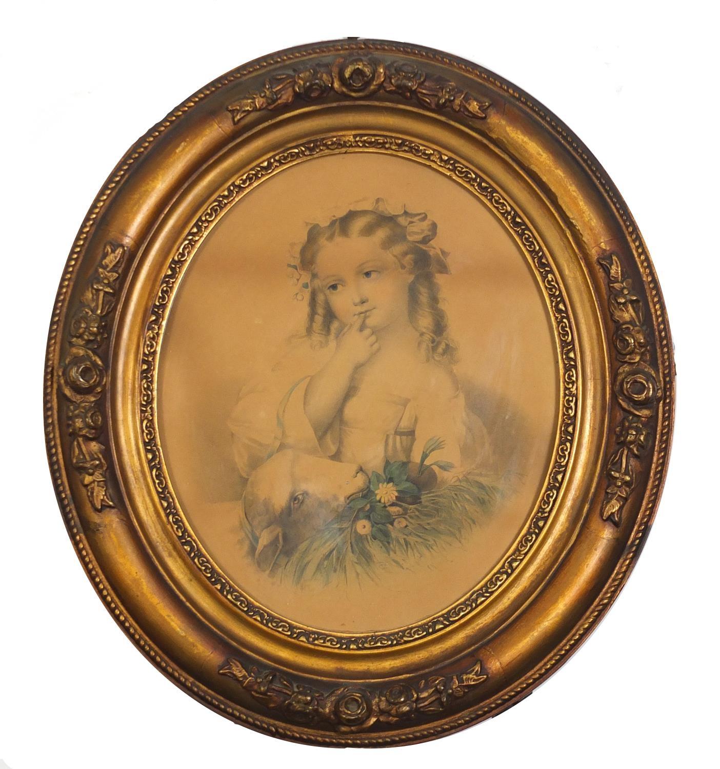 Young girl with a lamb, 19th century oval coloured print, framed and glazed, 29.5cm x 24cm : For - Image 2 of 3