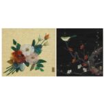 Two Japanese hardstone relief pictures of birds and flowers, each mounted, framed and glazed, the