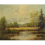 Landscape before mountains, German school oil on canvas, indistinctly signed and inscribed verso,