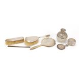 Silver items including a cut glass scent bottle by Walker & Hall and miniature hand mirror
