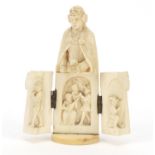 19th century French Dieppe carved ivory tryptych figure, 8.5cm high : For Further Condition
