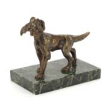 Patinated bronze Pointer dog raised on a rectangular green marble base, 14cm wide : For Further