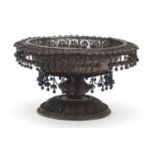 Good Indian Raj silver filigree pedestal bowl with tassel drops, 13.5cm high x 24cm in diameter,