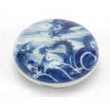 Chinese blue and white porcelain rouge seal box and cover, hand painted with a dragon and fish
