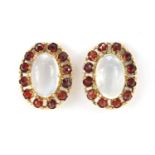 Pair of 9ct gold cabochon moonstone and garnet earrings, 1.5cm in length, 3.0g : For Further