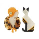 Two Lea Stein style brooches in the form of a female and stylised cat, the largest 7cm high : For