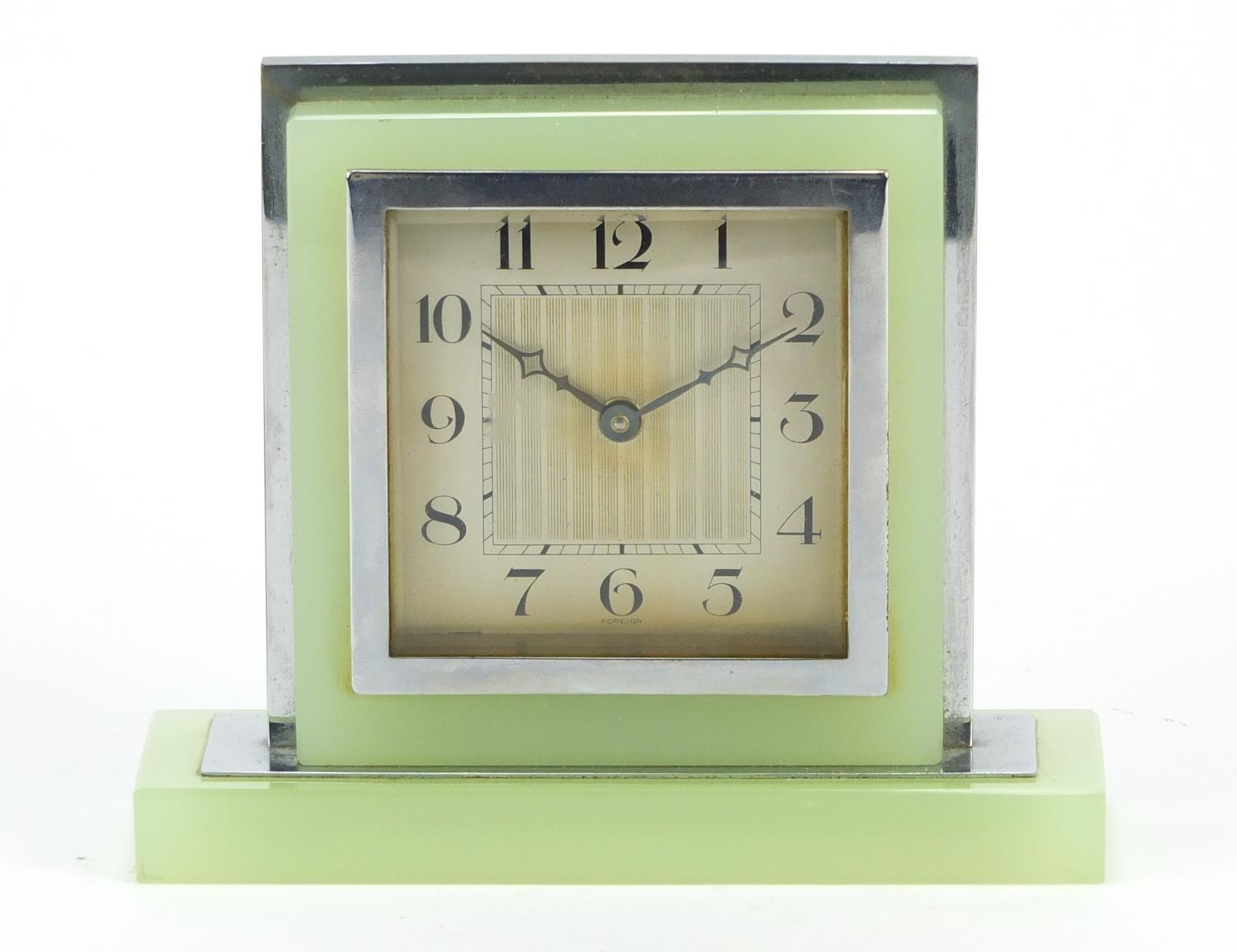 Art Deco chrome and lime green glass desk clock with silvered dial having Arabic numerals, 12cm high - Image 2 of 6