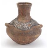 Roman style terracotta vase with three handles having embossed 925 silver overlay, impressed