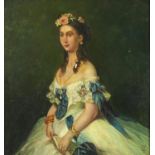 Portrait of a female wearing a white dress, Old Master school oil on board, framed, 41cm x 40cm :