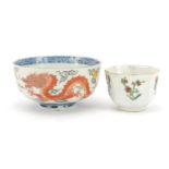 Two Chinese porcelain bowls including one hand painted with a dragon and phoenix chasing a flaming