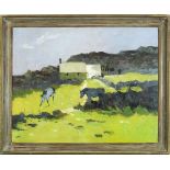 Horses grazing before cottages, Welsh school oil on board, framed, 58cm x 46cm : For Further