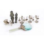 Chinese and Middle Eastern objects comprising two bronze nude figures, four silver coloured metal